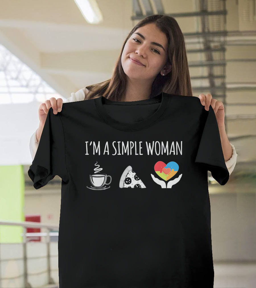 I'm A Simple Woman Coffee Pizza Autism Awareness T-Shirt