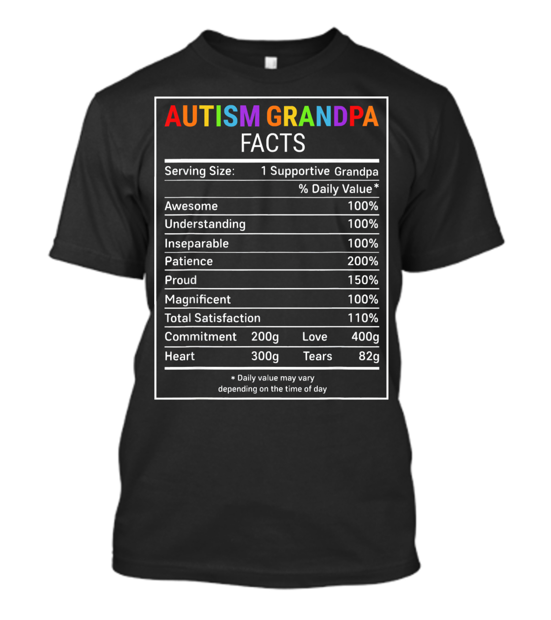 Autism Grandpa Facts Serving Size Supportive Awesomeness Understanding Patience T-Shirt