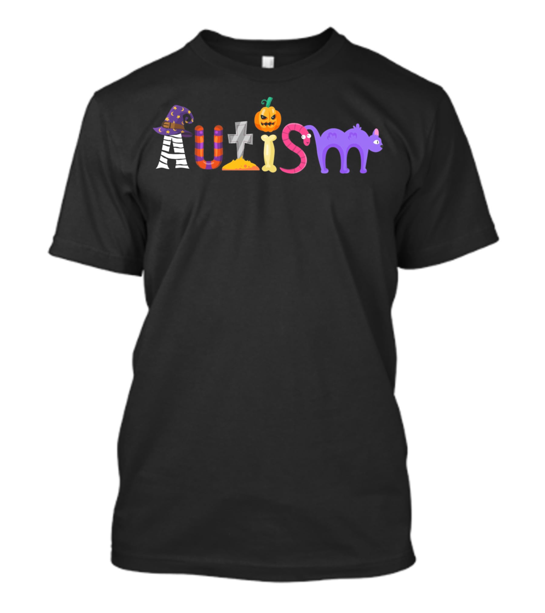 Autism Halloween Witch Hat Pumpkin Grave Cat Awareness T-Shirt