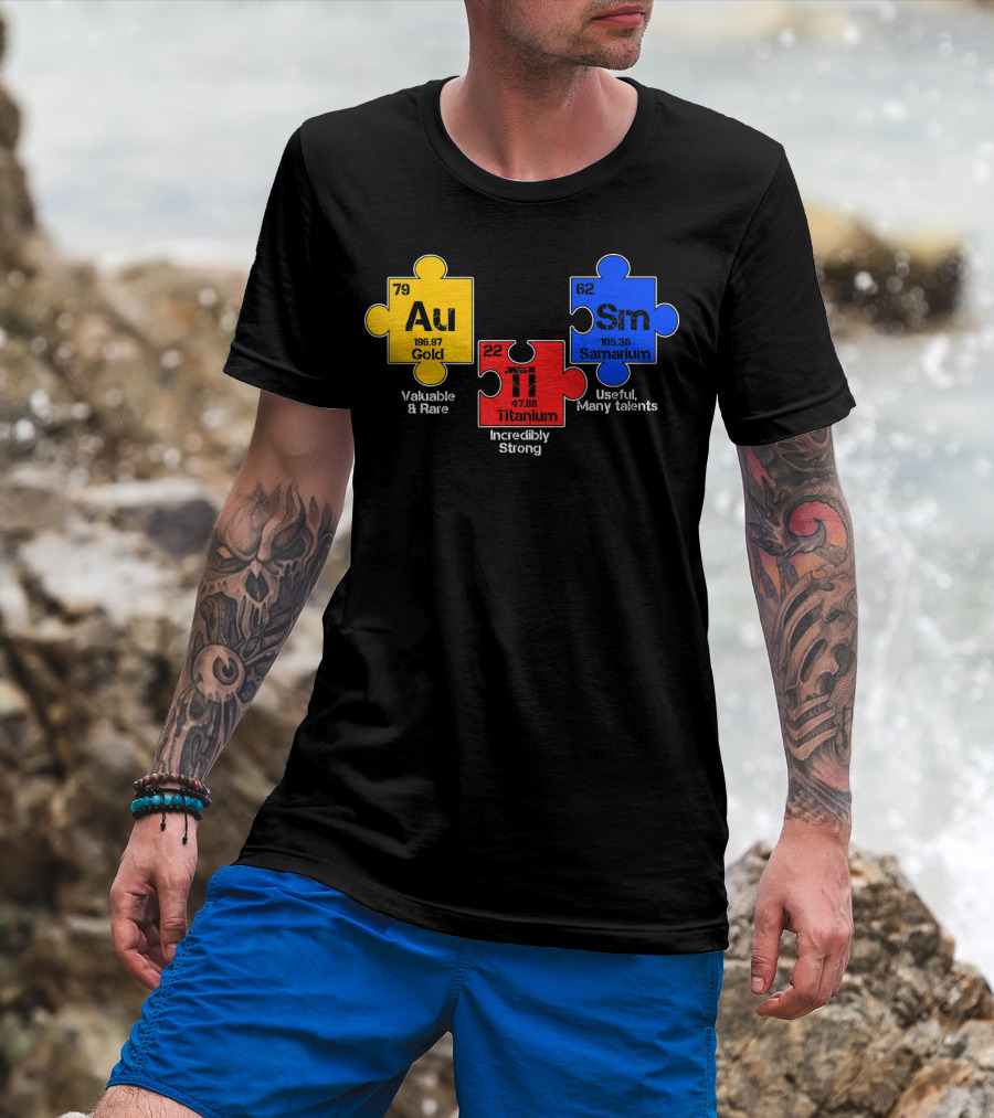 Autism Awareness Day Puzzle Chemical Elements Au Gold Ti Titanium Sm Samarium T-Shirt