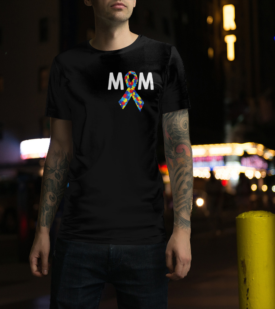 MOM Autism Puzzle Ribbon Awareness T-Shirt