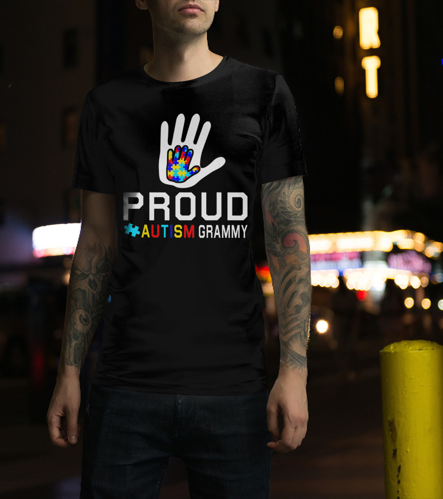 Proud Autism Grammy Autism Awareness Puzzle Hand T-Shirt