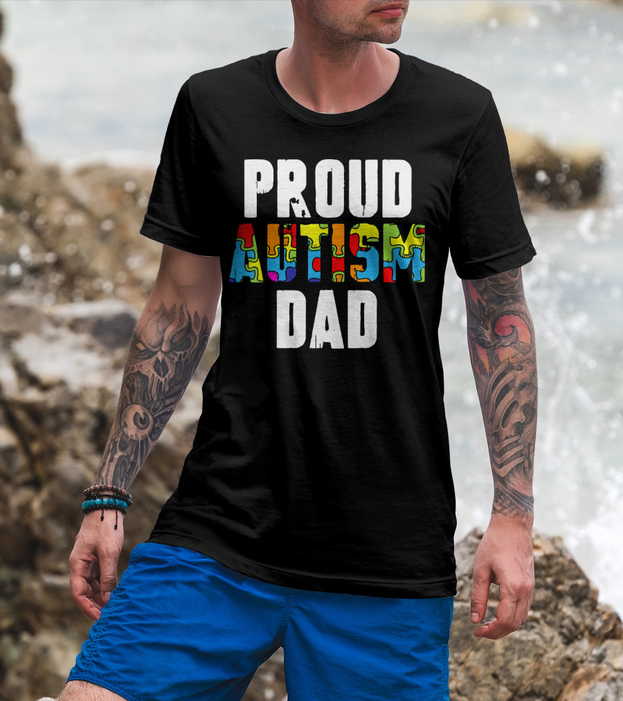 Proud Autism Dad Colorful Puzzle Piece Autism Awareness T-Shirt