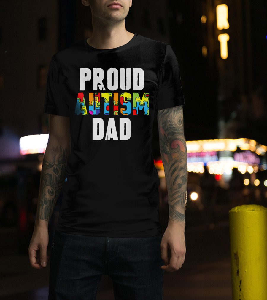 Proud Autism Dad Colorful Puzzle Piece Autism Awareness T-Shirt