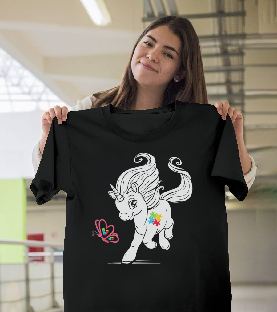 Unicorn Butterfly Autism Puzzle Awareness T-Shirt