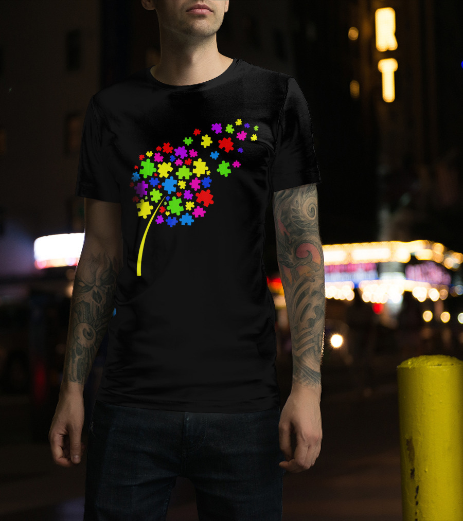Dandelion Puzzle Pieces Multicolor Autism Awareness T-Shirt