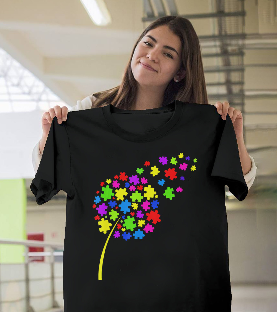 Dandelion Puzzle Pieces Multicolor Autism Awareness T-Shirt