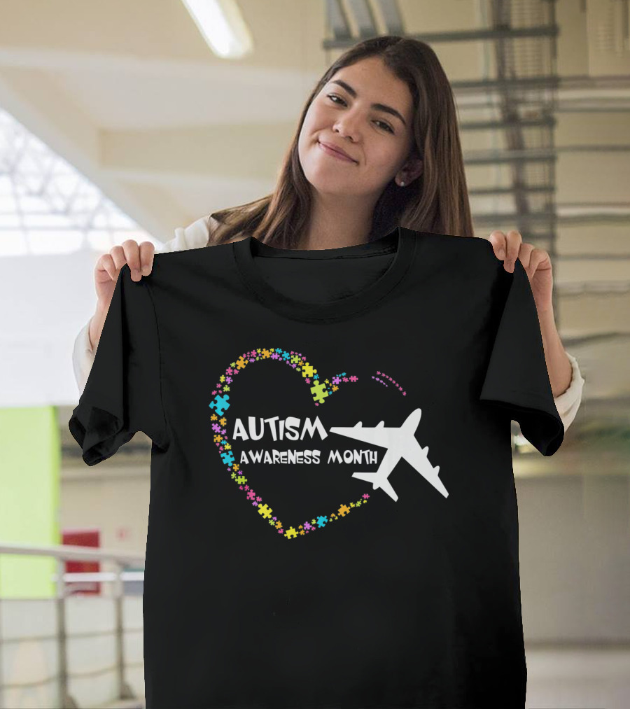 Autism Awareness Month Heart Puzzle With Airplane T-Shirt