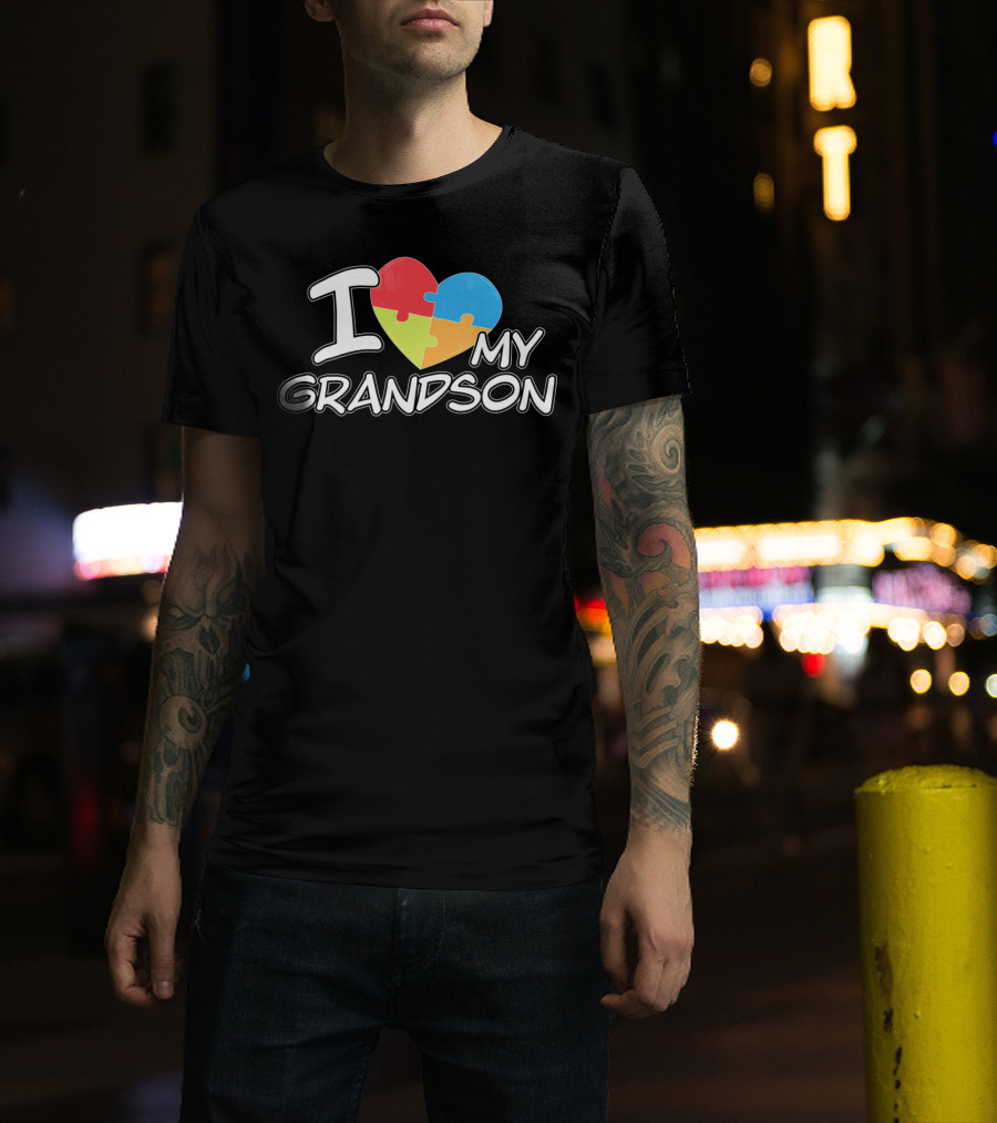 I Love My Grandson Puzzle Heart Autism Awareness T-Shirt