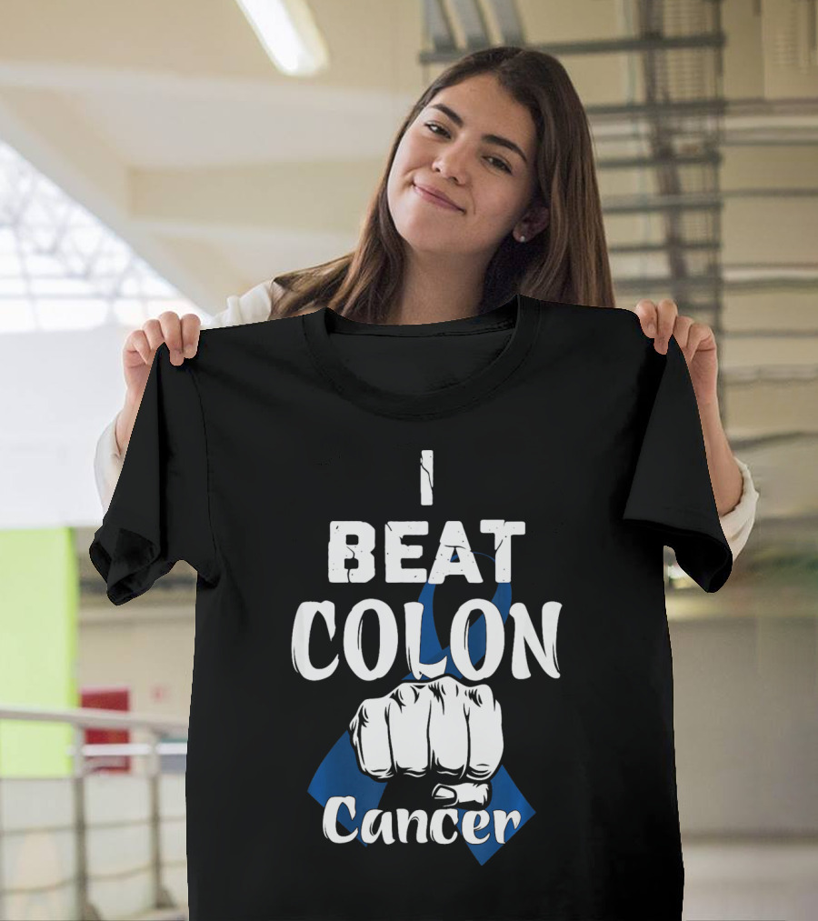 I Beat Colon Cancer Fist Blue T-Shirt