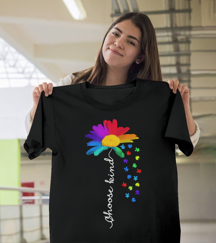 Choose Kind Autism Awareness Rainbow Daisy Puzzle Pieces T-Shirt