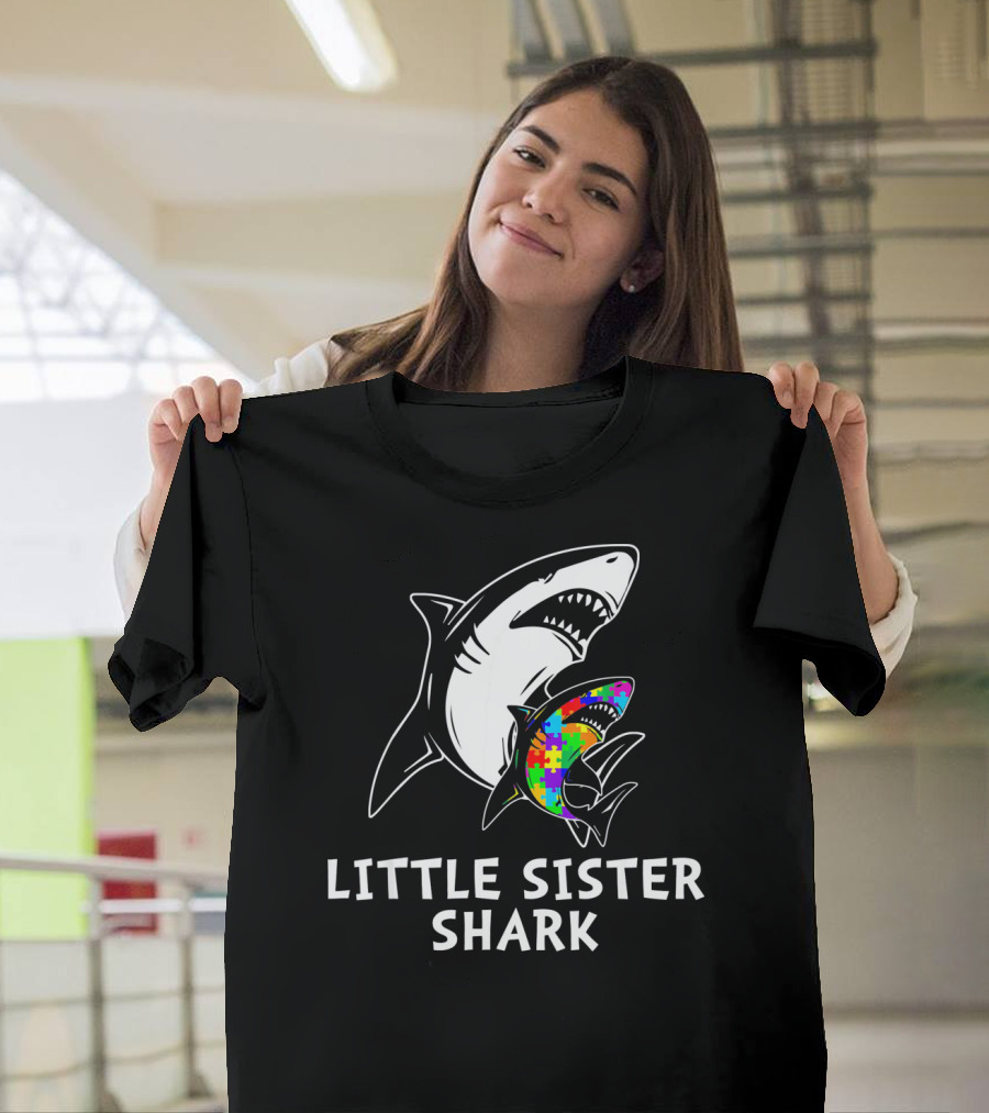 Little Sister Shark Autism Puzzle Awareness T-Shirt
