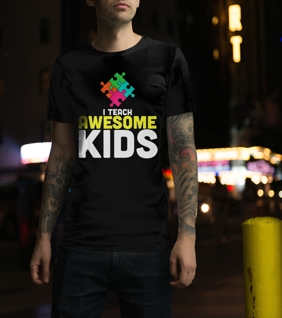 I Teach Awesome Kids Autism Awareness Teacher Puzzle T-Shirt