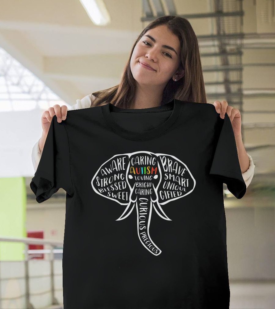 Aware Strong Blessed Sweet Caring Autism Loving Bright Caring Curious Precious Brave Smart Unique Gifted Elephant T-Shirt