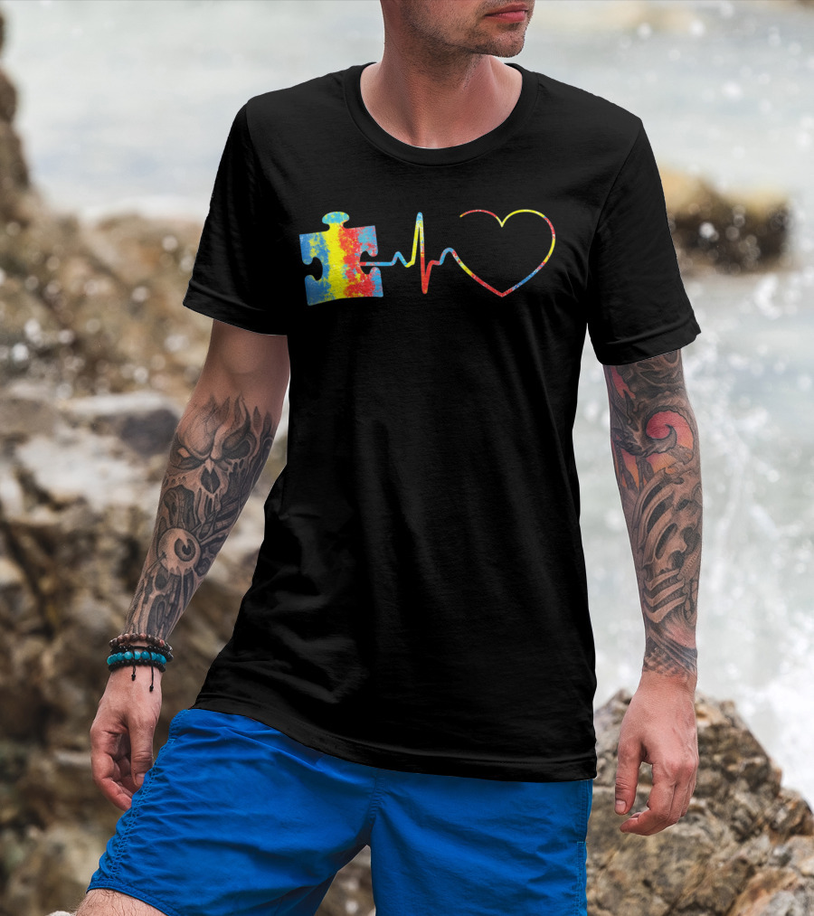 Autism Awareness Puzzle Piece With Colorful Heartbeat Line T-Shirt