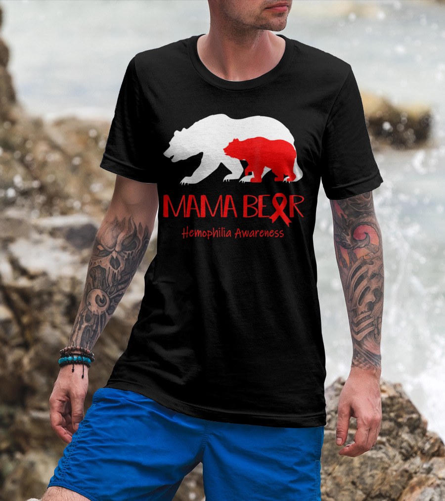 Mama Bear Hemophilia Awareness Red Ribbon Bears T-Shirt