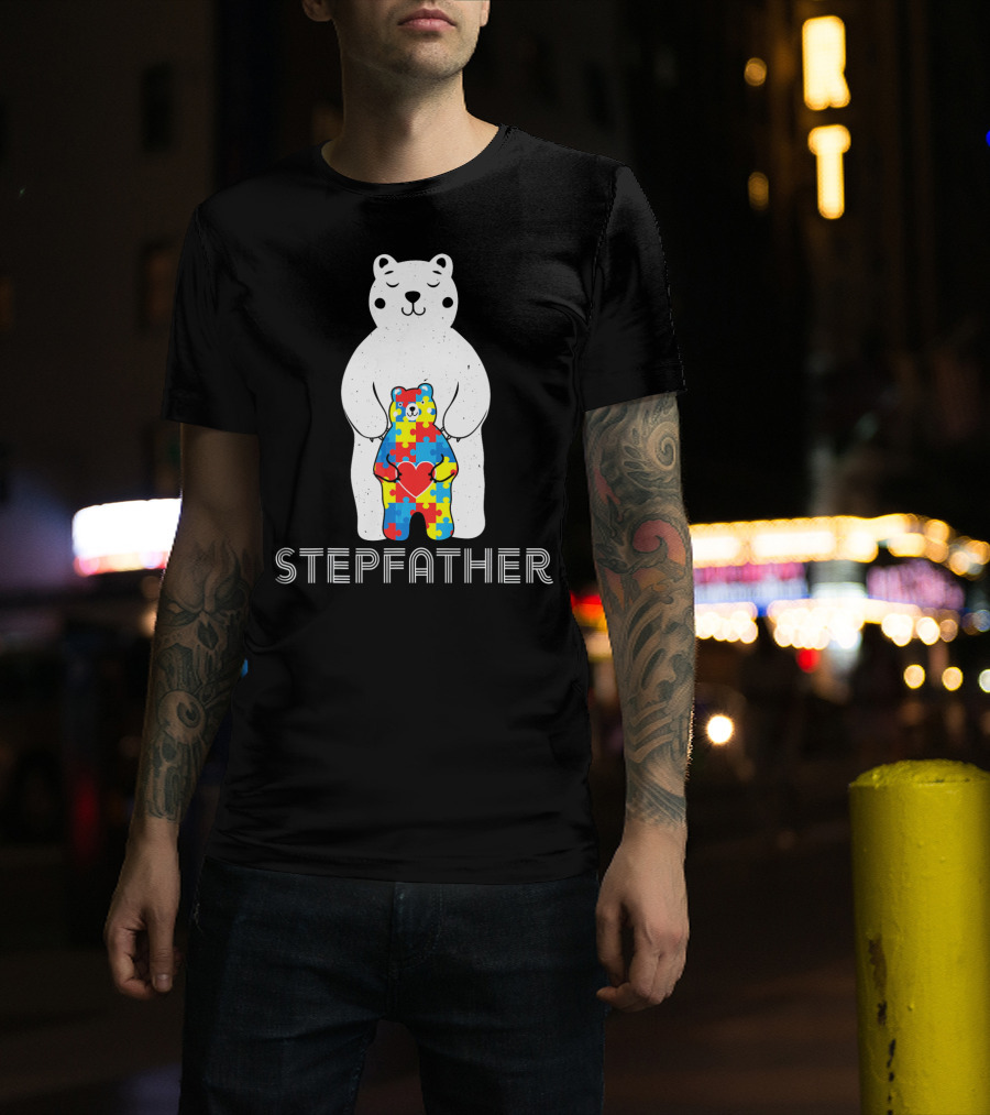 Stepfather Bear With Puzzle Pattern For Autism Awareness T-Shirt