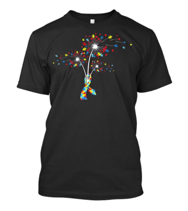 Autism Awareness Puzzle Pieces Ribbon And Flower Burst T-Shirt