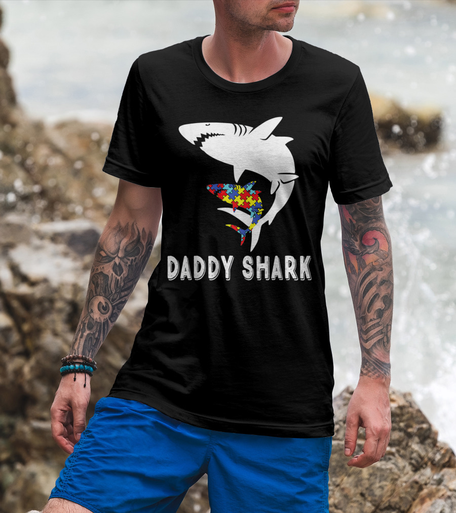 Daddy Shark Autism Awareness Puzzle Piece Sharks T-Shirt