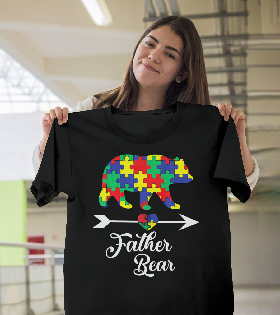 Father Bear Puzzle Autism Awareness Dad Arrow and Heart T-Shirt