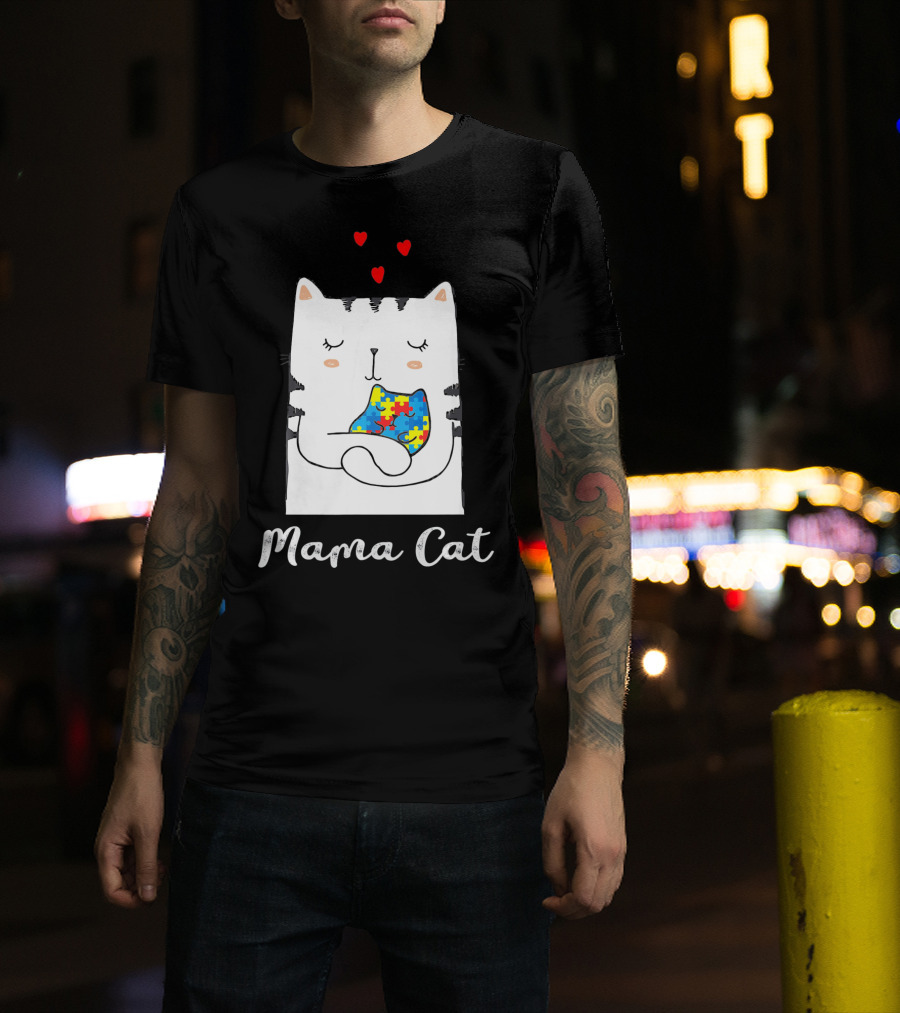 Proud Autism Awareness Mama Cat Hugging Puzzle Piece Hearts T-Shirt