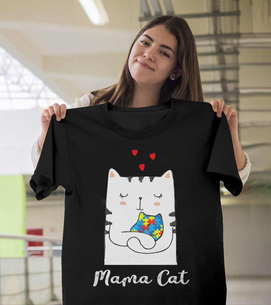 Proud Autism Awareness Mama Cat Hugging Puzzle Piece Hearts T-Shirt