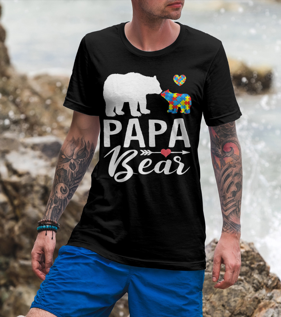 Papa Bear Autism Awareness Love Puzzle Heart Bear T-Shirt