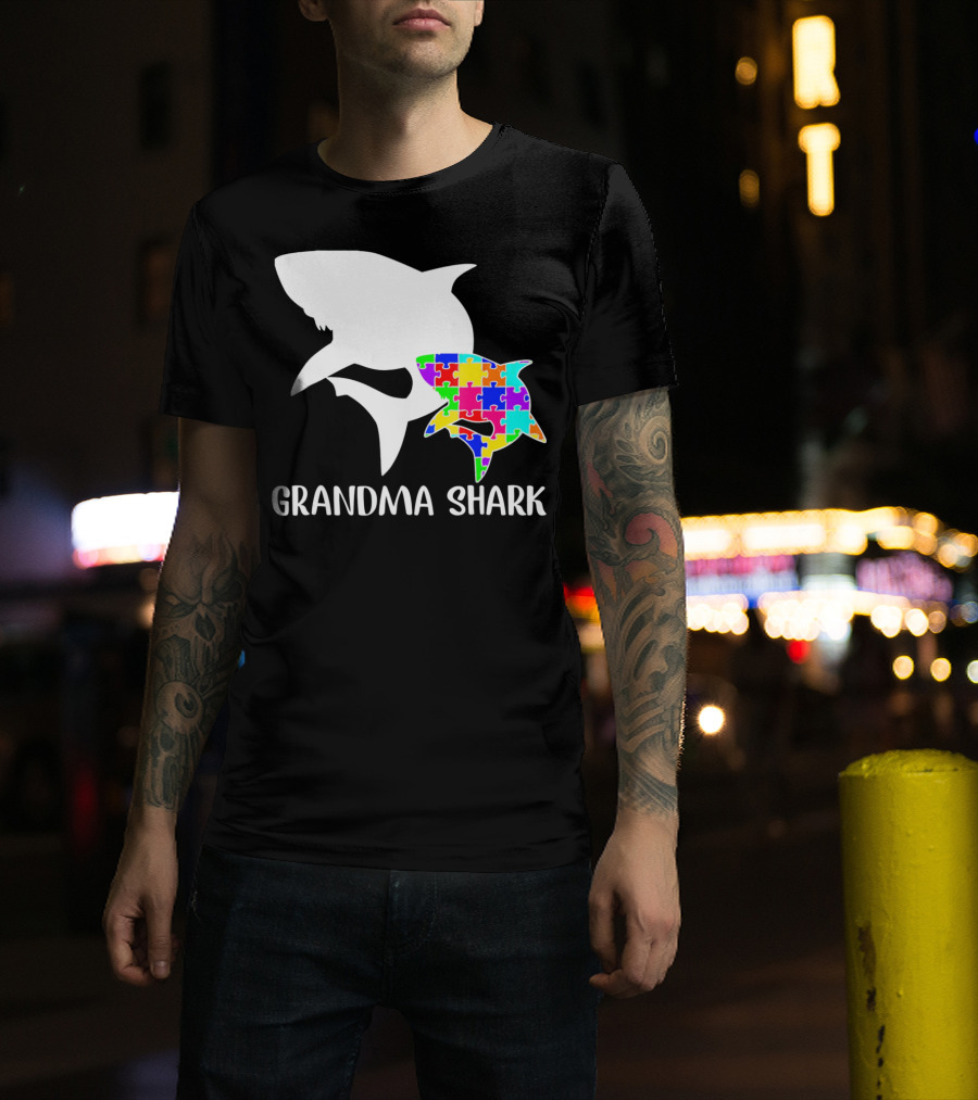 Grandma Shark Autism Awareness Puzzle Shark T-Shirt