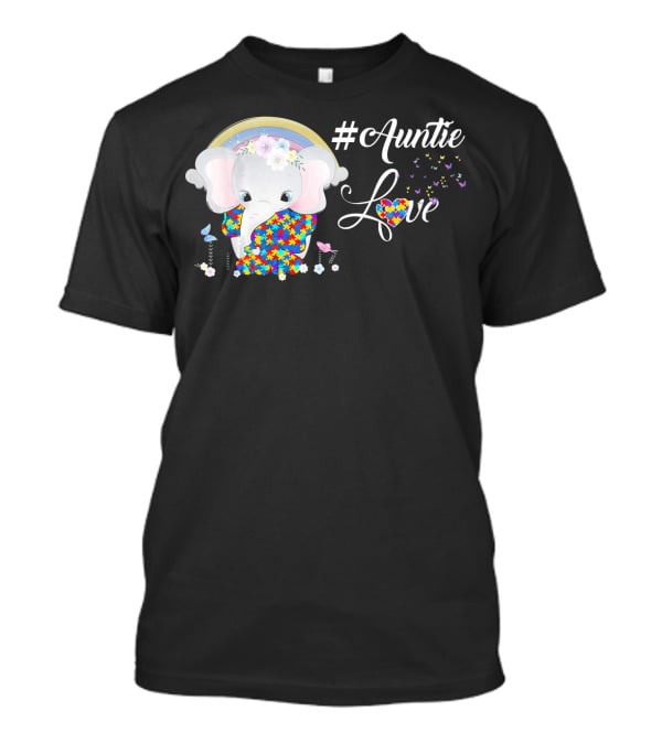 Auntie Love Autism Awareness Elephant With Colorful Puzzle Pattern And Rainbow T-Shirt