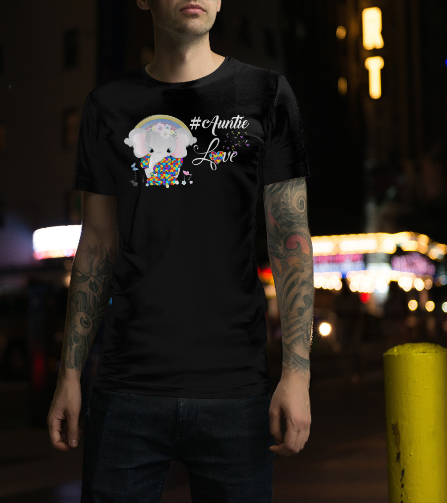 Auntie Love Autism Awareness Elephant With Colorful Puzzle Pattern And Rainbow T-Shirt