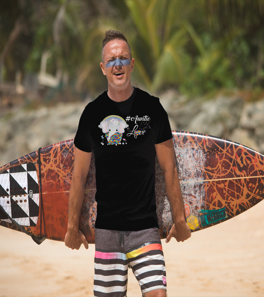 Auntie Love Autism Awareness Elephant With Colorful Puzzle Pattern And Rainbow T-Shirt