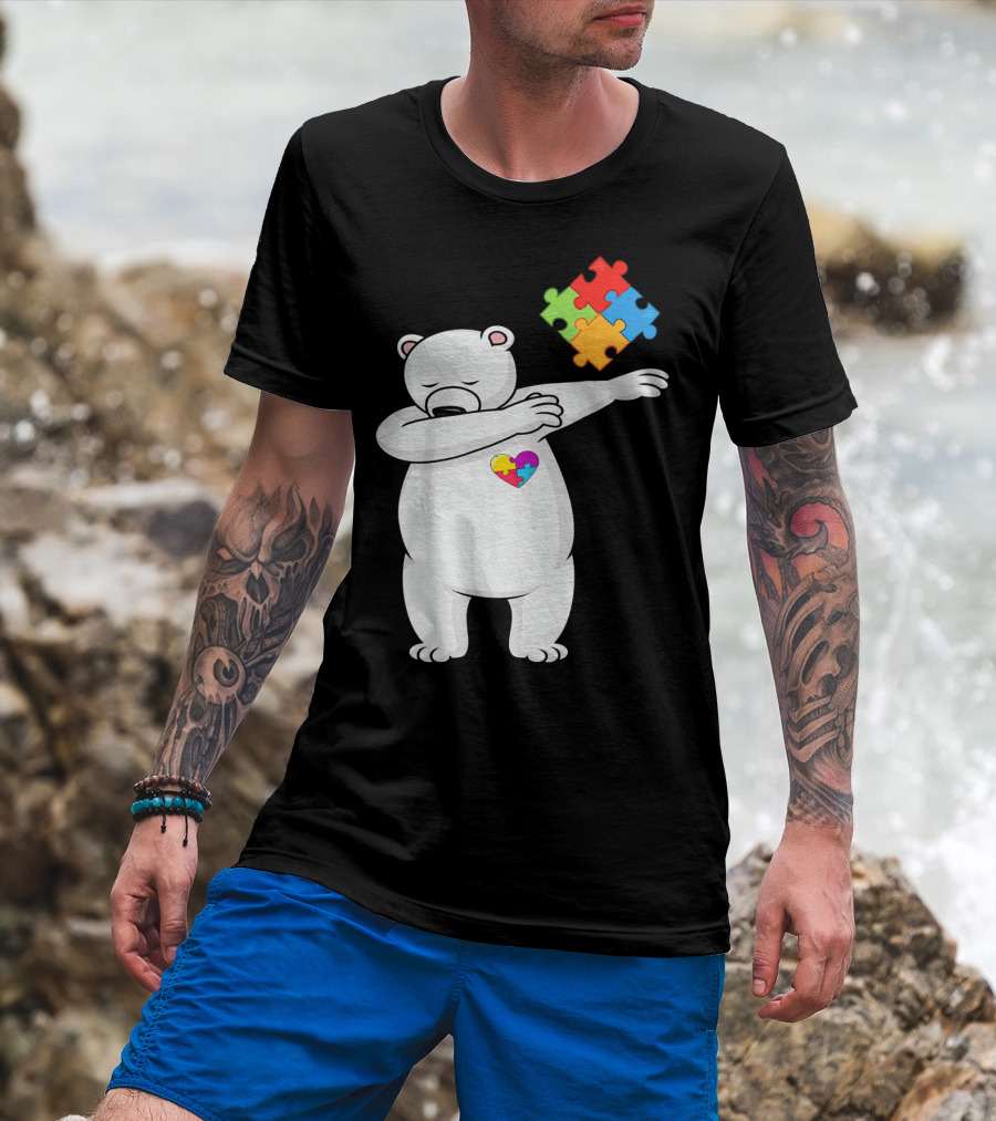Dabbing Polar Bear Puzzle Piece Heart Autism Awareness T-Shirt