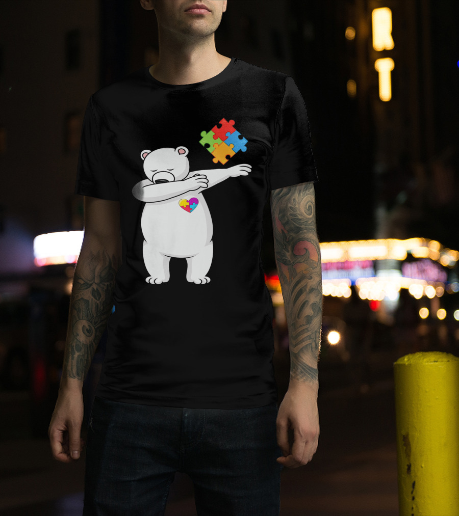 Dabbing Polar Bear Puzzle Piece Heart Autism Awareness T-Shirt