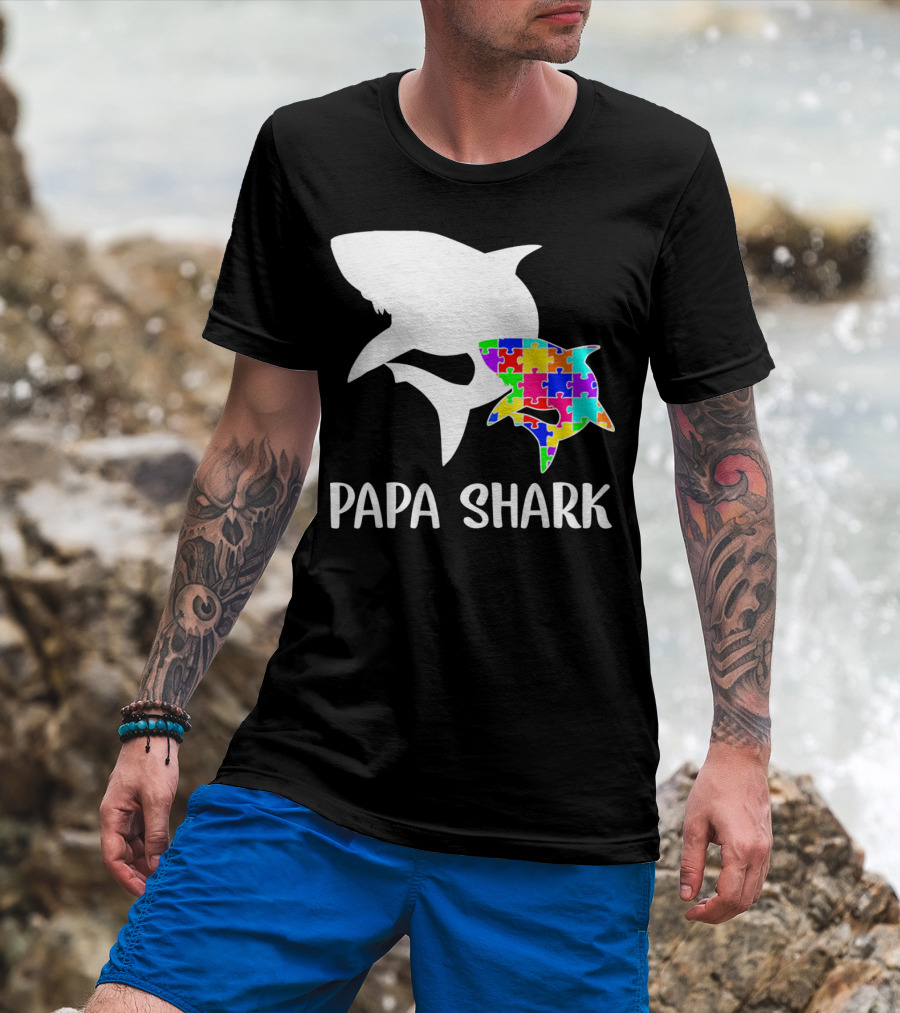 Papa Shark Autism Awareness Puzzle Shark T-Shirt
