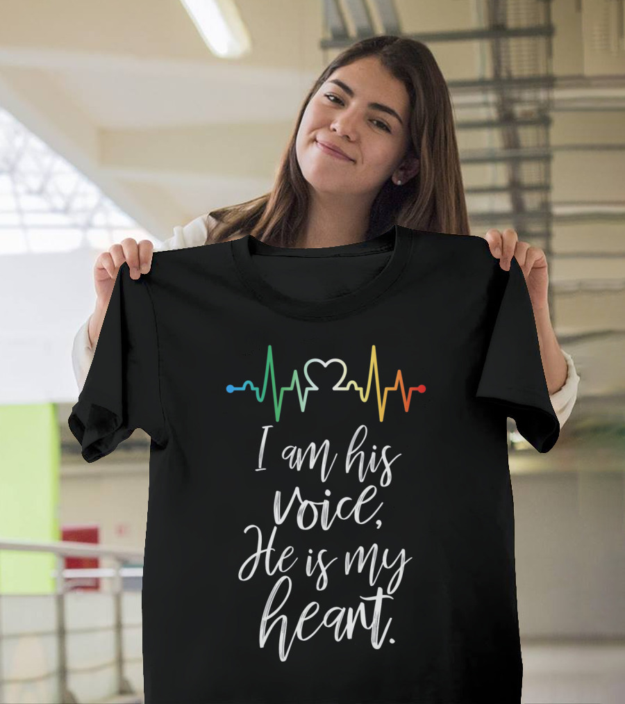 I Am His Voice He Is My Heart Autism Awareness Heartbeat T-Shirt
