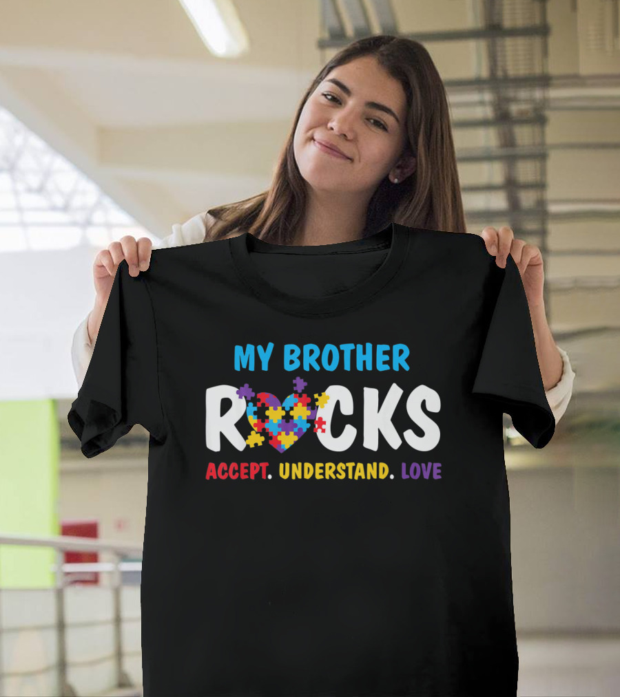 My Brother Rocks Accept Understand Love Puzzle Heart Autism Awareness T-Shirt