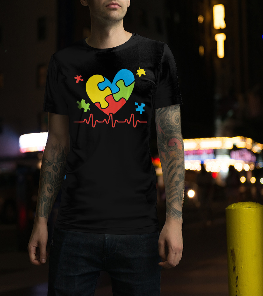 Autism Awareness Heart Puzzle Piece With Heartbeat Line T-Shirt
