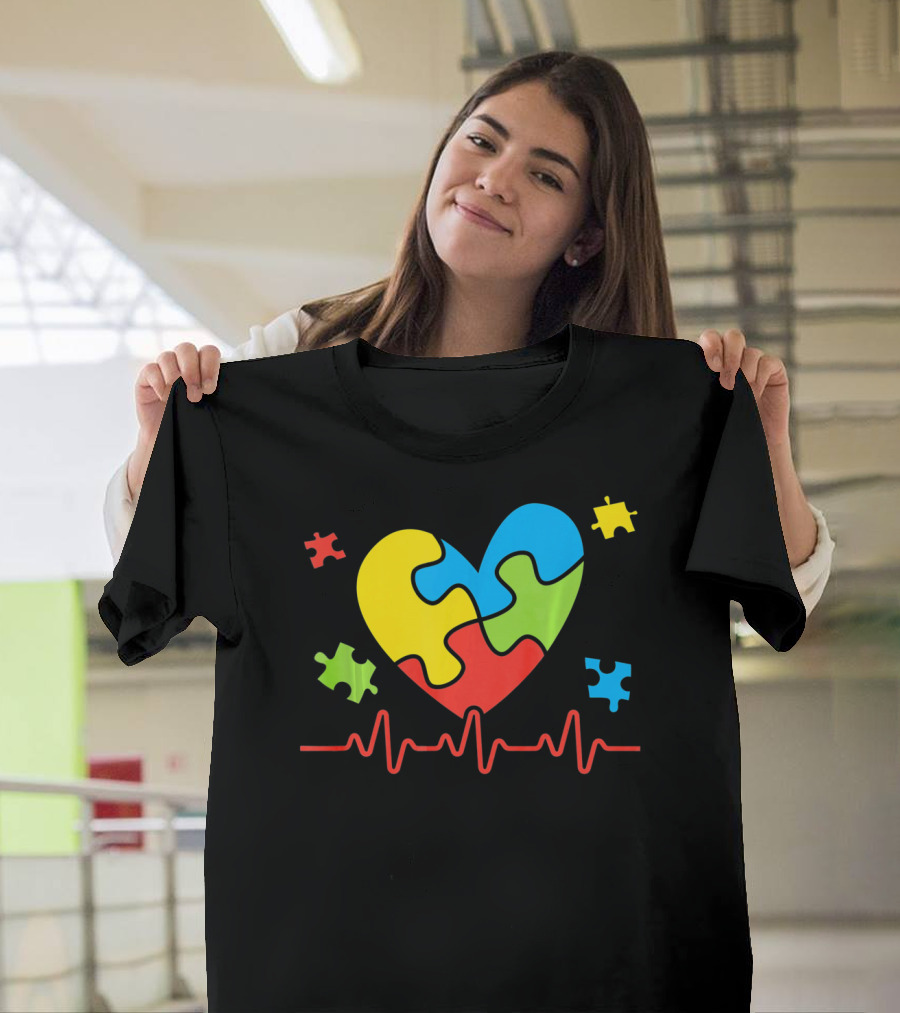 Autism Awareness Heart Puzzle Piece With Heartbeat Line T-Shirt