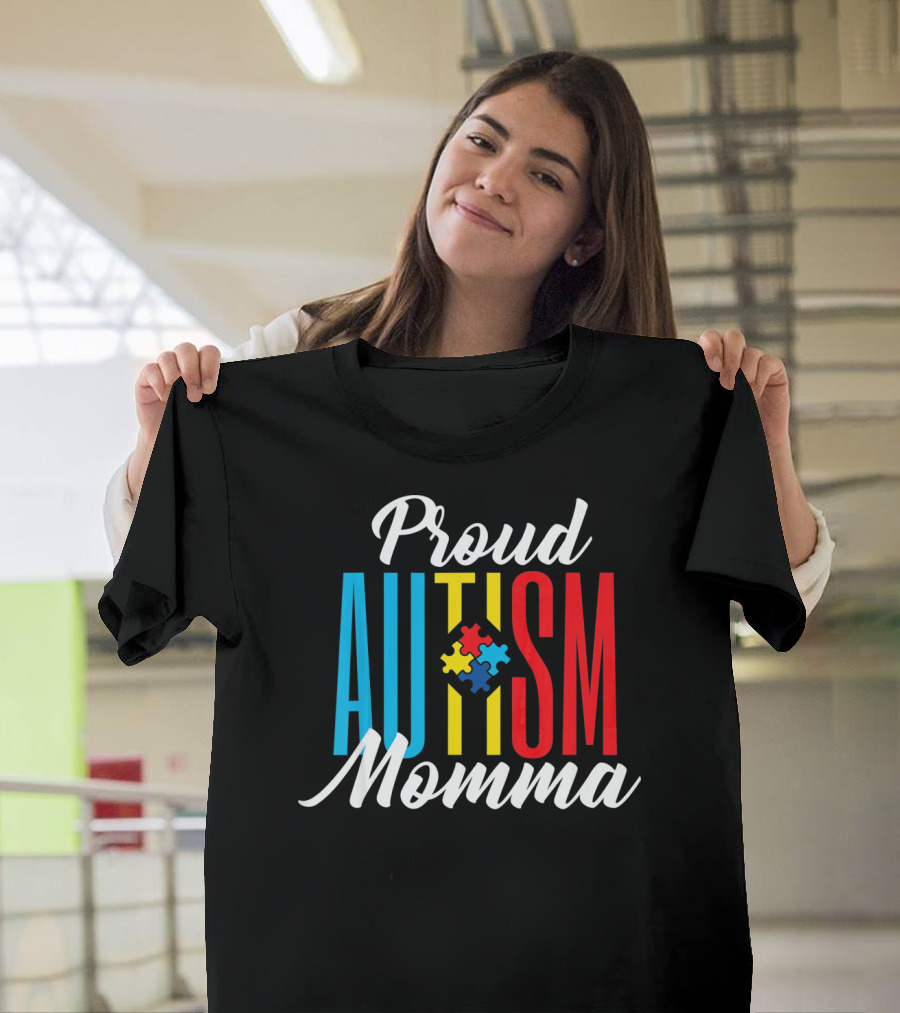 Proud Autism Momma Awareness Puzzle Pieces T-Shirt