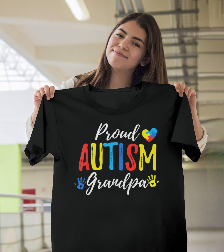 Proud Grandpa Autism Puzzle Heart Handprints T-Shirt