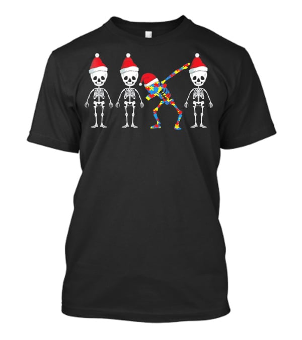 Autism Awareness Puzzle Skeleton Dabbing Santa Hat Trio T-Shirt
