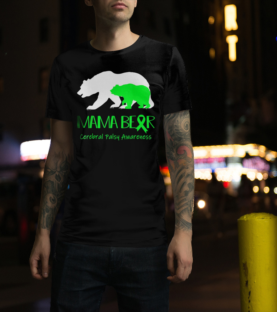 Mama Bear Cerebral Palsy Awareness Green Ribbon Bears T-Shirt