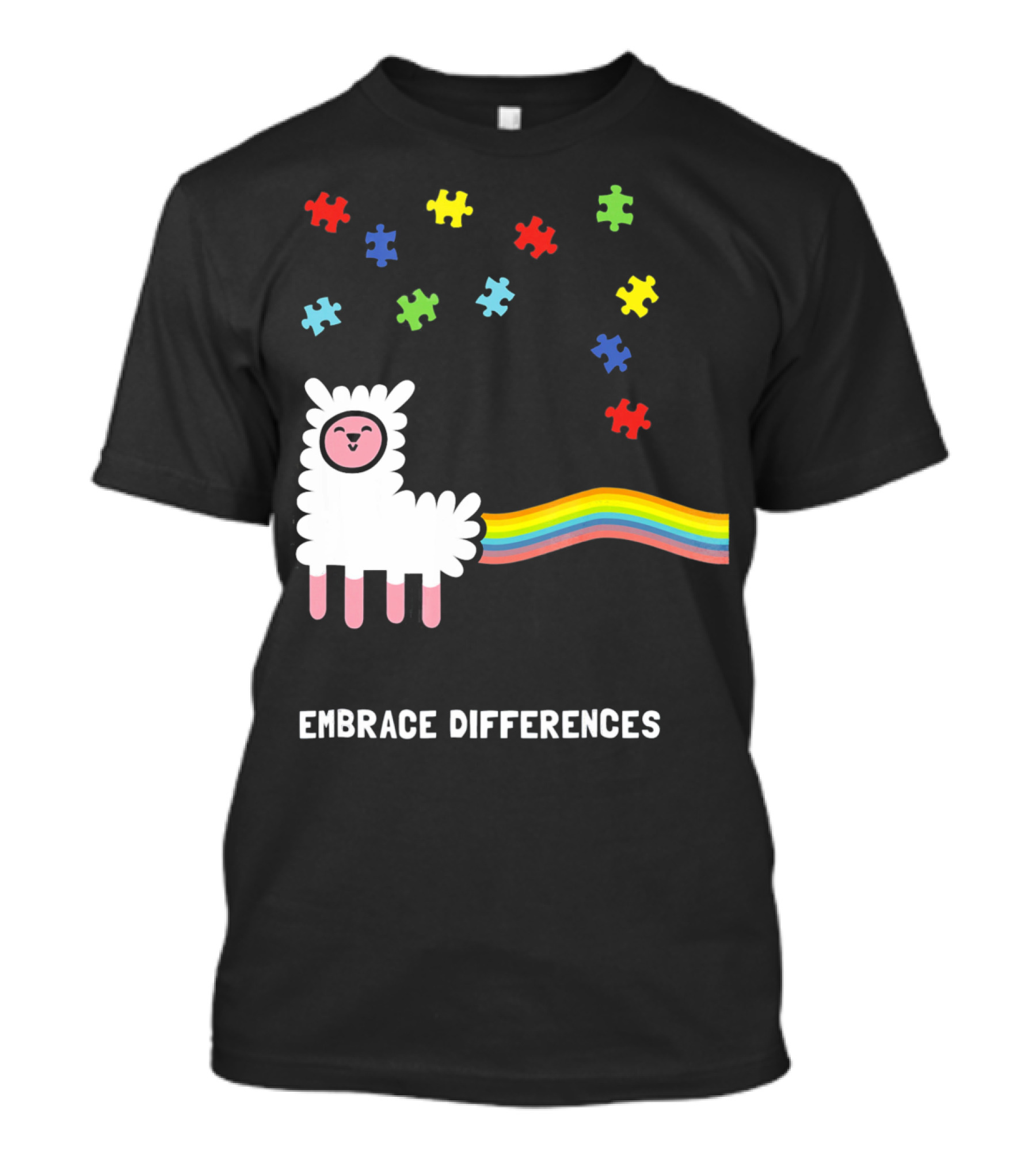 Embrace Differences Autism Awareness Llama Rainbow Puzzle Pieces T-Shirt
