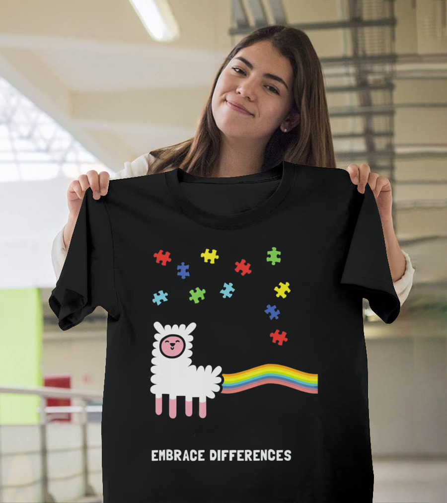 Embrace Differences Autism Awareness Llama Rainbow Puzzle Pieces T-Shirt