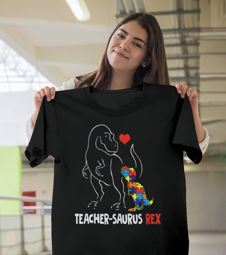 Teacher Saurus Rex Dinosaur With Heart And Colorful Puzzle T-Shirt