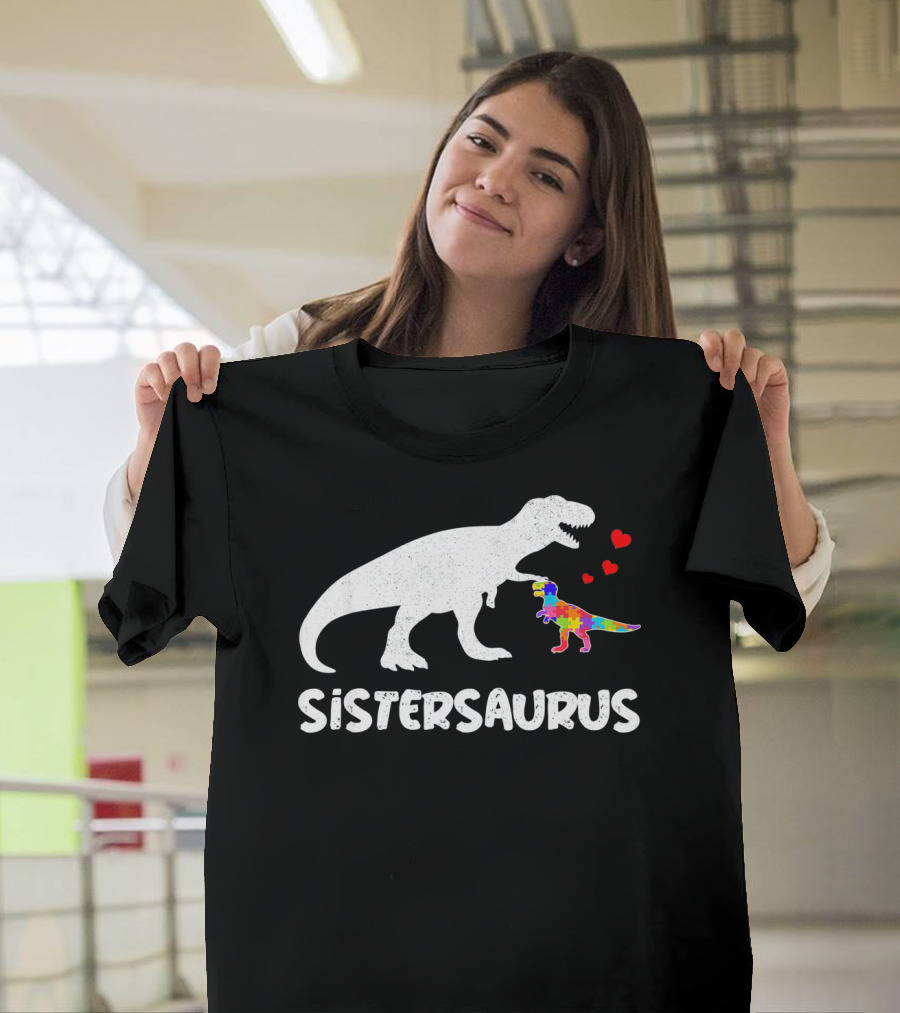 Sistersaurus Dinosaur Rainbow Puzzle Hearts T-Shirt