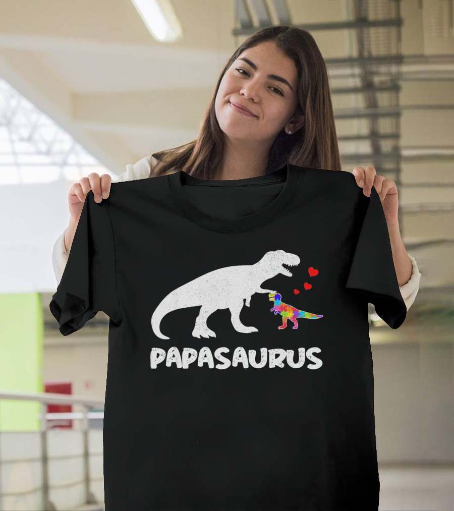 Papasaurus Dinosaur Puzzle Piece Autism Hearts T-Shirt