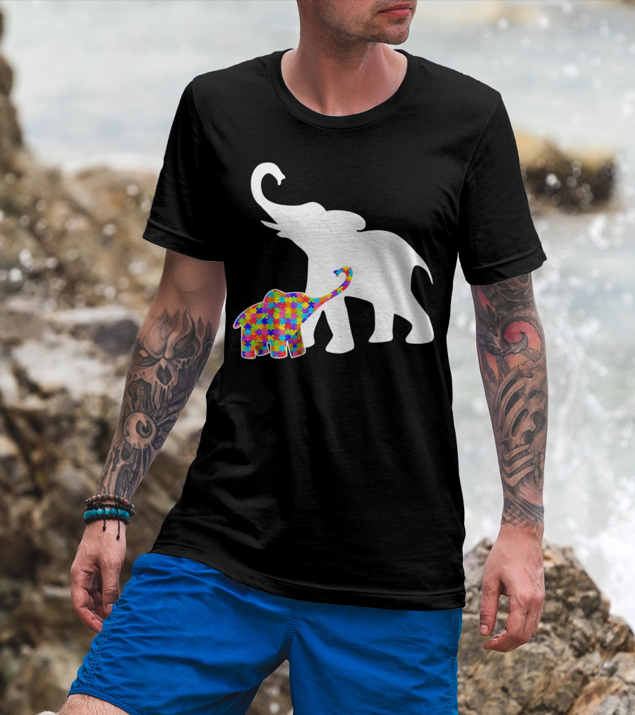 Elephant Autism Awareness Puzzle Pattern Support T-Shirt