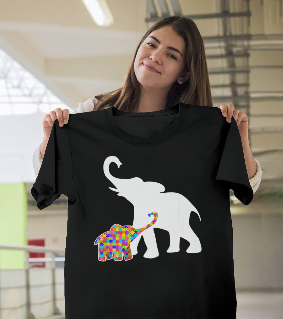 Elephant Autism Awareness Puzzle Pattern Support T-Shirt