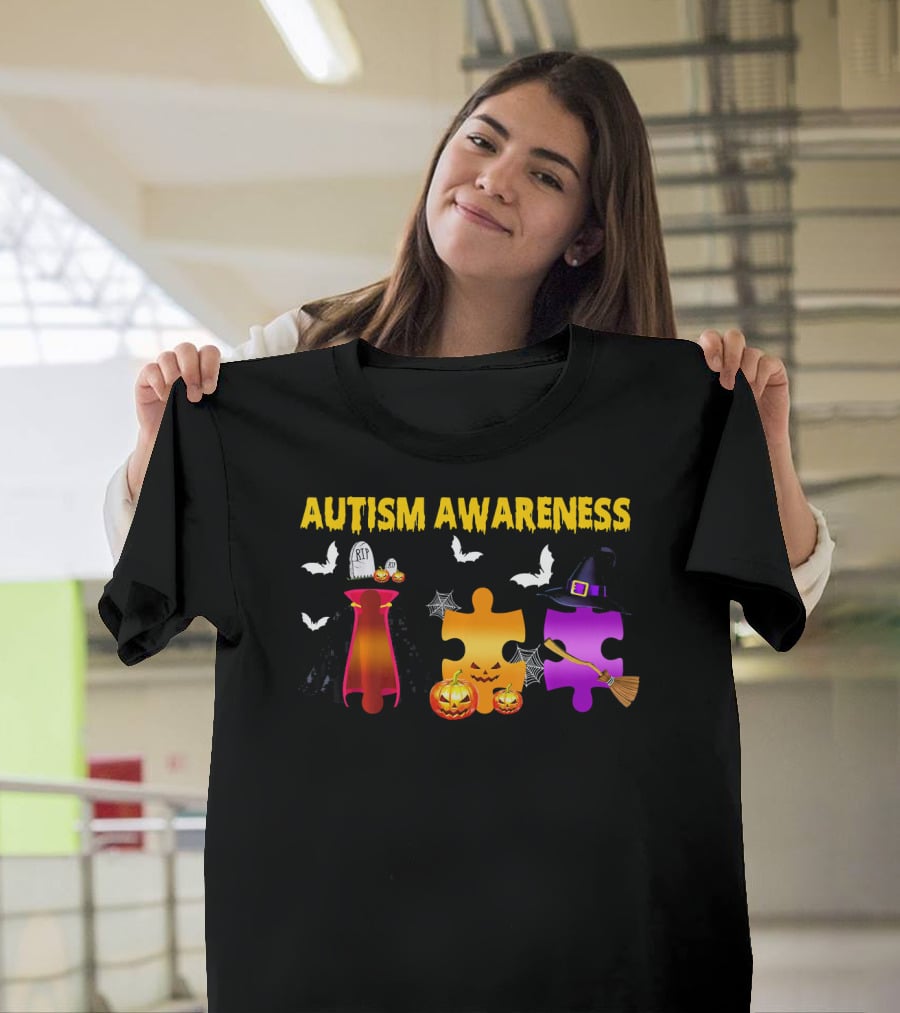 Autism Awareness Halloween Puzzle Pieces With Witch Hat Bats And Pumpkins T-Shirt